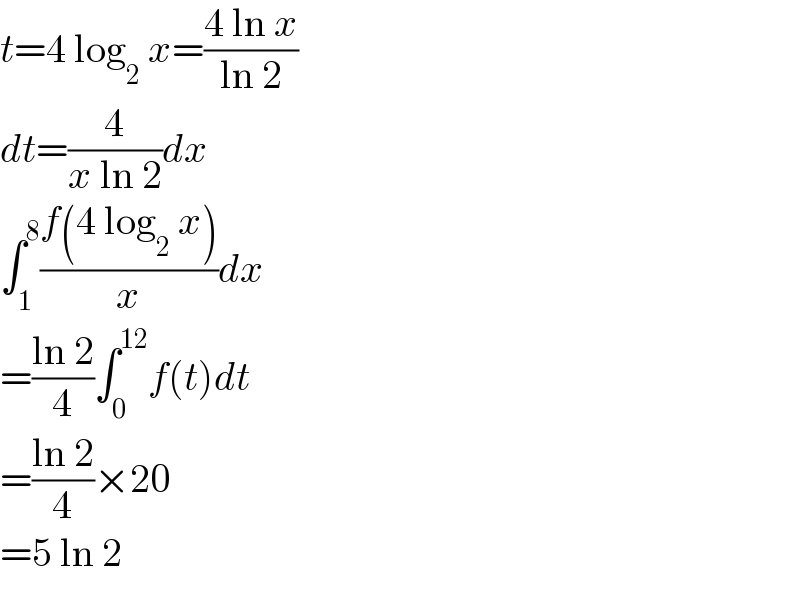 t=4 log_2  x=((4 ln x)/(ln 2))  dt=(4/(x ln 2))dx  ∫_1 ^8 ((f(4 log_2  x))/x)dx  =((ln 2)/4)∫_0 ^(12) f(t)dt  =((ln 2)/4)×20  =5 ln 2  