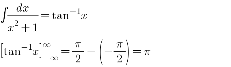 ∫(dx/(x^2  + 1)) = tan^(−1) x  [tan^(−1) x]_(−∞) ^∞  = (π/2) − (−(π/2)) = π  