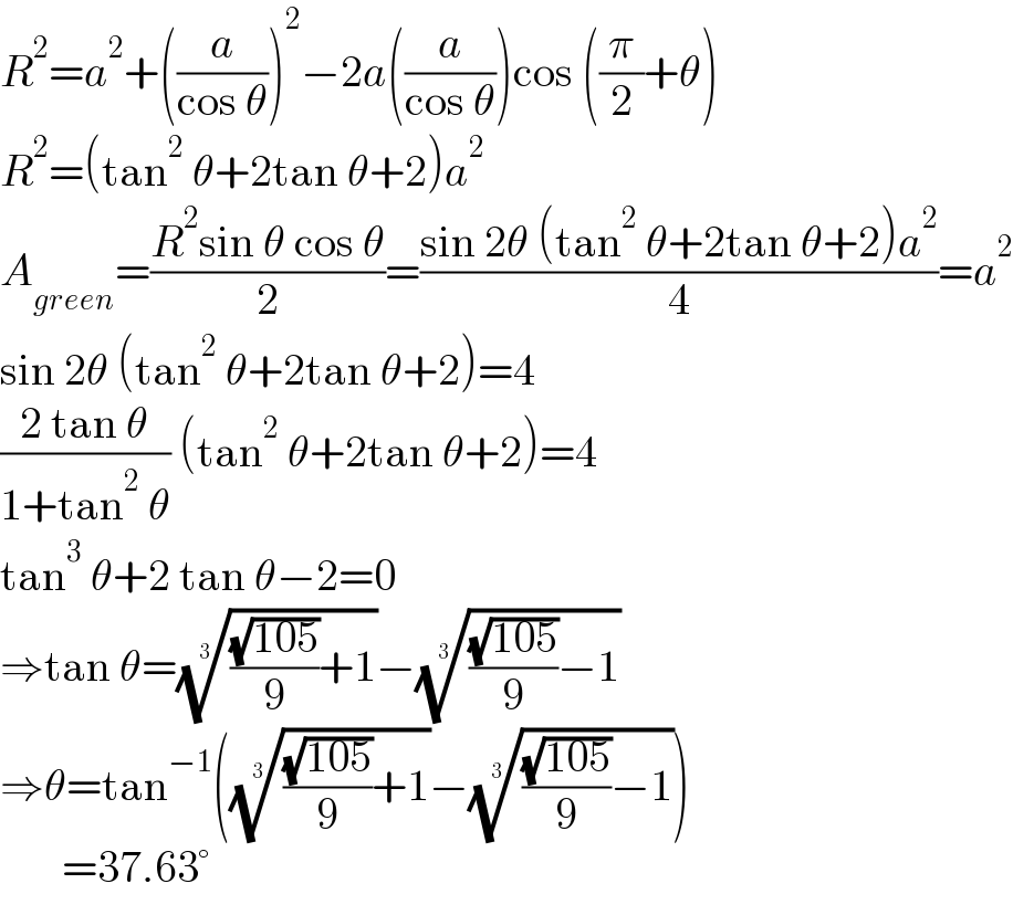 R^2 =a^2 +((a/(cos θ)))^2 −2a((a/(cos θ)))cos ((π/2)+θ)  R^2 =(tan^2  θ+2tan θ+2)a^2   A_(green) =((R^2 sin θ cos θ)/2)=((sin 2θ (tan^2  θ+2tan θ+2)a^2 )/4)=a^2   sin 2θ (tan^2  θ+2tan θ+2)=4  ((2 tan θ)/(1+tan^2  θ)) (tan^2  θ+2tan θ+2)=4  tan^3  θ+2 tan θ−2=0  ⇒tan θ=((((√(105))/9)+1))^(1/3) −((((√(105))/9)−1))^(1/3)   ⇒θ=tan^(−1) (((((√(105))/9)+1))^(1/3) −((((√(105))/9)−1))^(1/3) )         =37.63°  