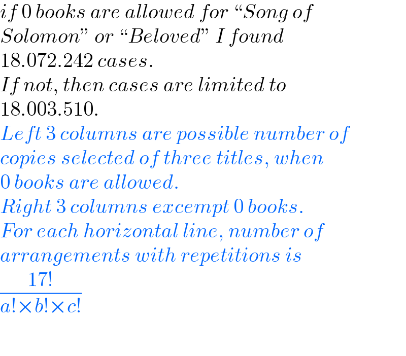 if 0 books are allowed for “Song of   Solomon” or “Beloved” I found  18.072.242 cases.  If not, then cases are limited to  18.003.510.  Left 3 columns are possible number of  copies selected of three titles, when  0 books are allowed.  Right 3 columns excempt 0 books.  For each horizontal line, number of  arrangements with repetitions is  ((17!)/(a!×b!×c!))    