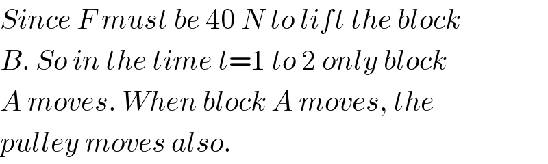 Since F must be 40 N to lift the block  B. So in the time t=1 to 2 only block  A moves. When block A moves, the  pulley moves also.  