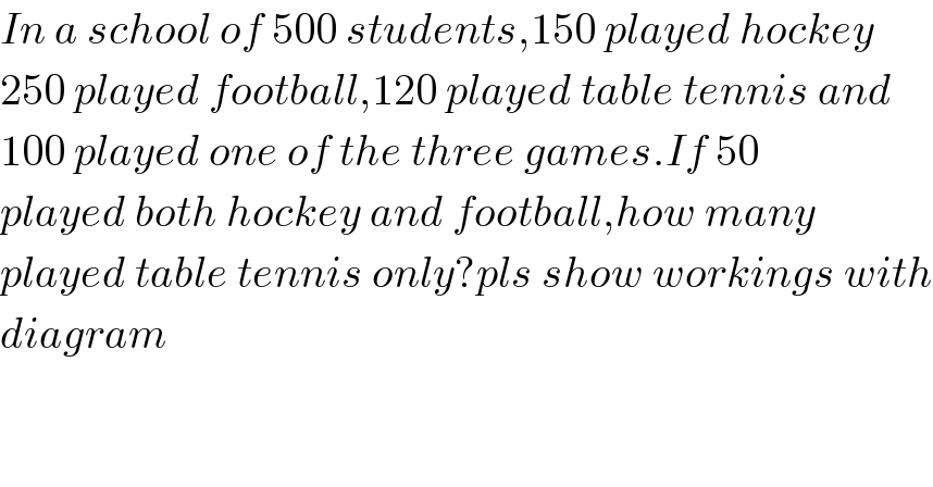 In a school of 500 students,150 played hockey  250 played football,120 played table tennis and  100 played one of the three games.If 50   played both hockey and football,how many  played table tennis only?pls show workings with  diagram    