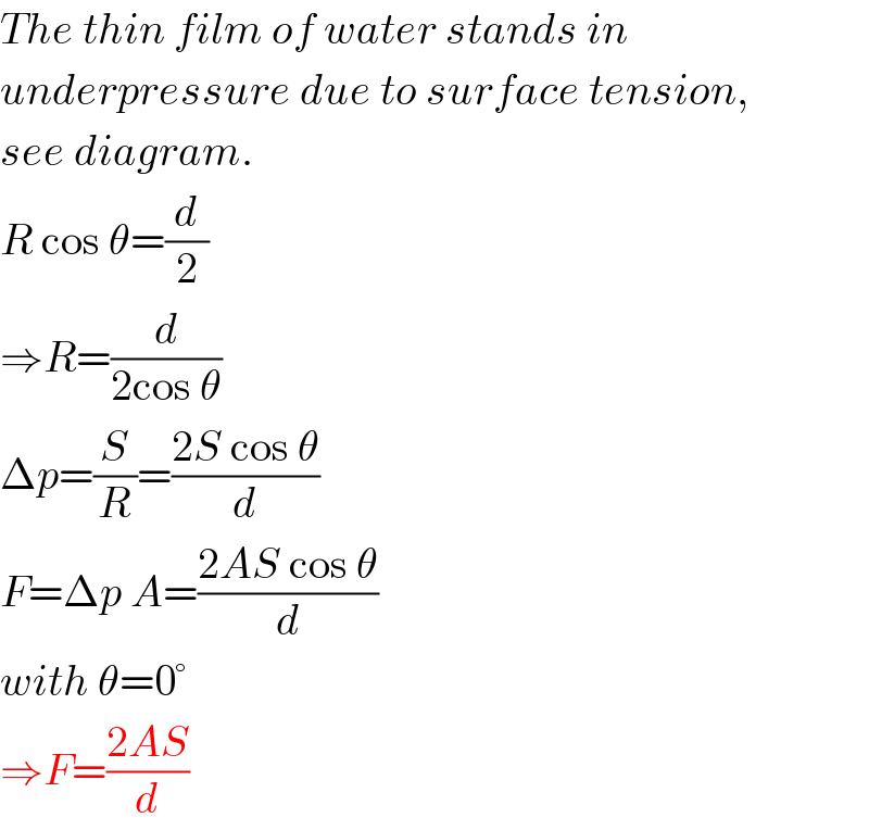 The thin film of water stands in   underpressure due to surface tension,  see diagram.  R cos θ=(d/2)  ⇒R=(d/(2cos θ))  Δp=(S/R)=((2S cos θ)/d)  F=Δp A=((2AS cos θ)/d)  with θ=0°  ⇒F=((2AS)/d)  