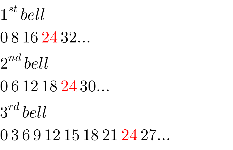 1^(st)  bell  0 8 16 24 32...  2^(nd)  bell  0 6 12 18 24 30...  3^(rd)  bell  0 3 6 9 12 15 18 21 24 27...  