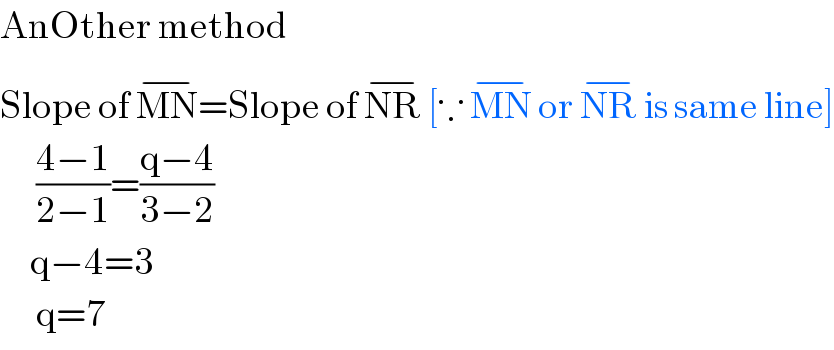 AnOther method  Slope of MN^(−) =Slope of NR^(−)  [∵ MN^(−)  or NR^(−)  is same line]        ((4−1)/(2−1))=((q−4)/(3−2))       q−4=3        q=7  