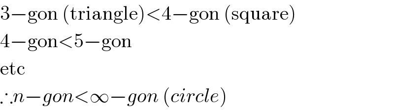 3−gon (triangle)<4−gon (square)  4−gon<5−gon  etc  ∴n−gon<∞−gon (circle)  