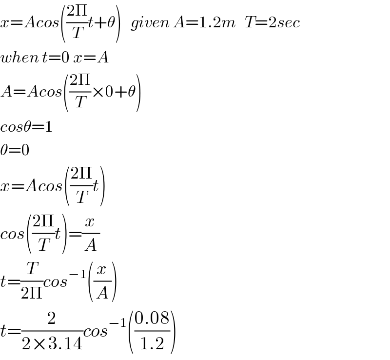 x=Acos(((2Π)/T)t+θ)   given A=1.2m   T=2sec  when t=0 x=A  A=Acos(((2Π)/T)×0+θ)  cosθ=1  θ=0  x=Acos(((2Π)/T)t)  cos(((2Π)/T)t)=(x/A)  t=(T/(2Π))cos^(−1) ((x/A))  t=(2/(2×3.14))cos^(−1) (((0.08)/(1.2)))  