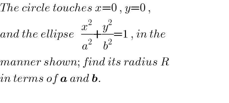 The circle touches x=0 , y=0 ,  and the ellipse   (x^2 /a^2 )+(y^2 /b^2 )=1 , in the  manner shown; find its radius R  in terms of a and b.      