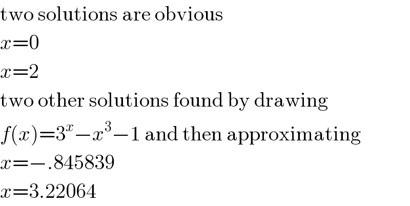 two solutions are obvious  x=0  x=2  two other solutions found by drawing  f(x)=3^x −x^3 −1 and then approximating  x=−.845839  x=3.22064  