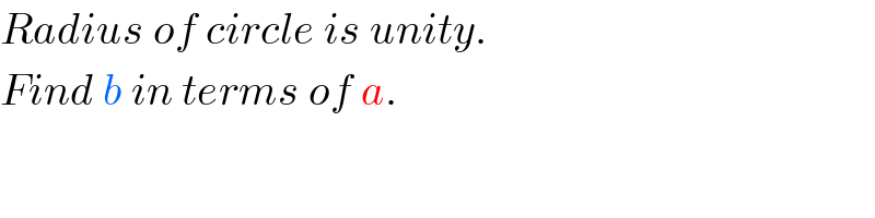 Radius of circle is unity.  Find b in terms of a.  