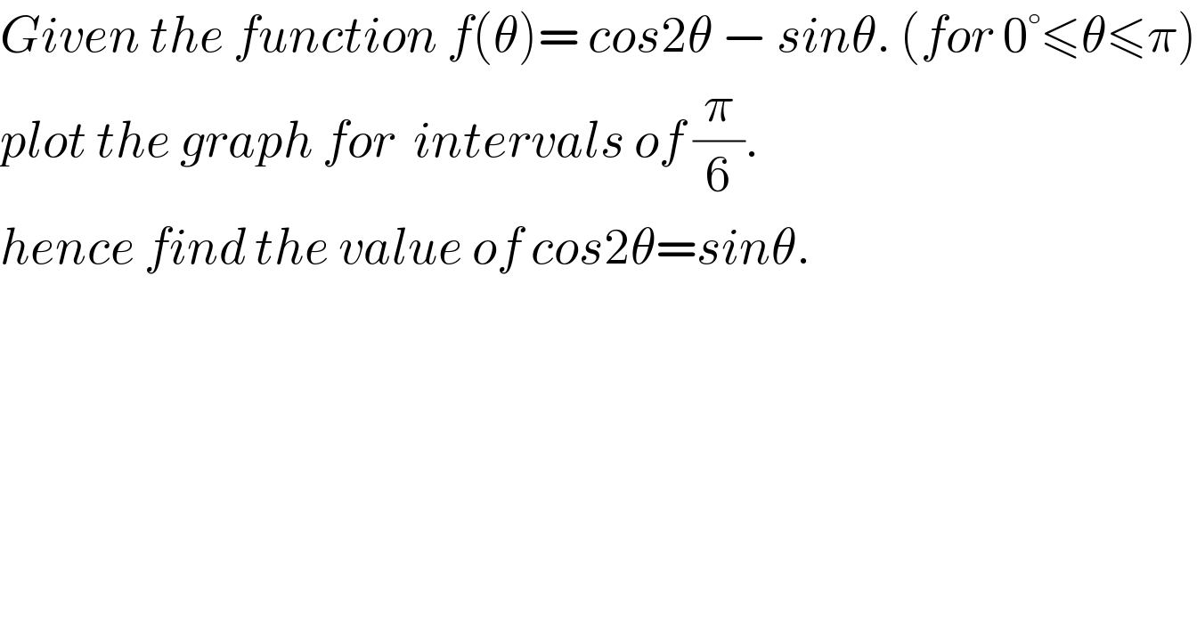 Given the function f(θ)= cos2θ − sinθ. (for 0°≤θ≤π)  plot the graph for  intervals of (π/6).  hence find the value of cos2θ=sinθ.  