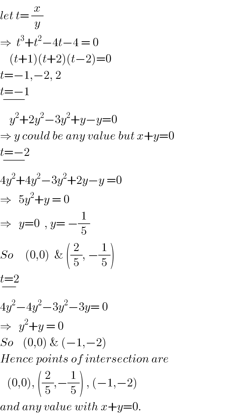 let t= (x/y)  ⇒  t^3 +t^2 −4t−4 = 0      (t+1)(t+2)(t−2)=0  t=−1,−2, 2  t=−1_(−)       y^2 +2y^2 −3y^2 +y−y=0  ⇒ y could be any value but x+y=0  t=−2_(−)   4y^2 +4y^2 −3y^2 +2y−y =0  ⇒   5y^2 +y = 0  ⇒   y=0  , y= −(1/5)  So     (0,0)  & ((2/5), −(1/5))  t=2_(−)   4y^2 −4y^2 −3y^2 −3y= 0  ⇒   y^2 +y = 0  So    (0,0) & (−1,−2)  Hence points of intersection are     (0,0), ((2/5),−(1/5)) , (−1,−2)  and any value with x+y=0.  