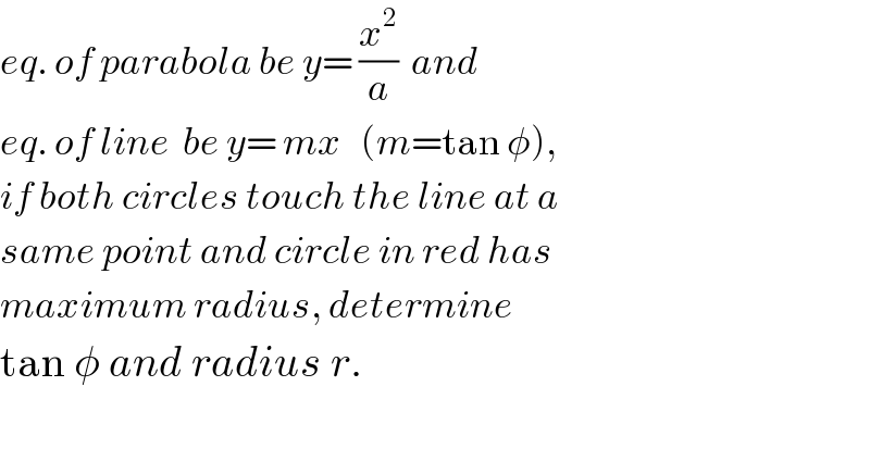 eq. of parabola be y= (x^2 /a)  and  eq. of line  be y= mx   (m=tan φ),  if both circles touch the line at a  same point and circle in red has  maximum radius, determine  tan φ and radius r.    