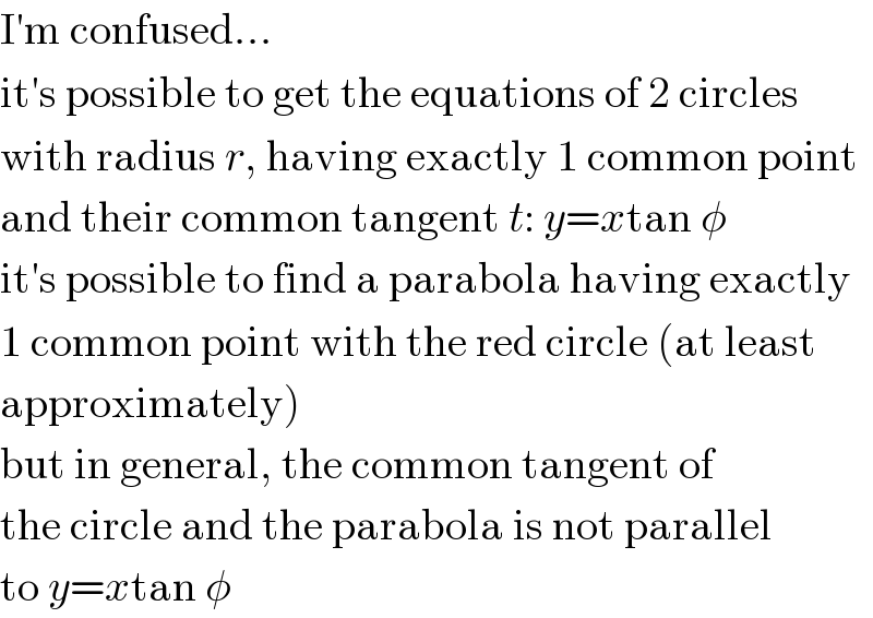 I′m confused...  it′s possible to get the equations of 2 circles  with radius r, having exactly 1 common point  and their common tangent t: y=xtan φ  it′s possible to find a parabola having exactly  1 common point with the red circle (at least  approximately)  but in general, the common tangent of  the circle and the parabola is not parallel  to y=xtan φ  