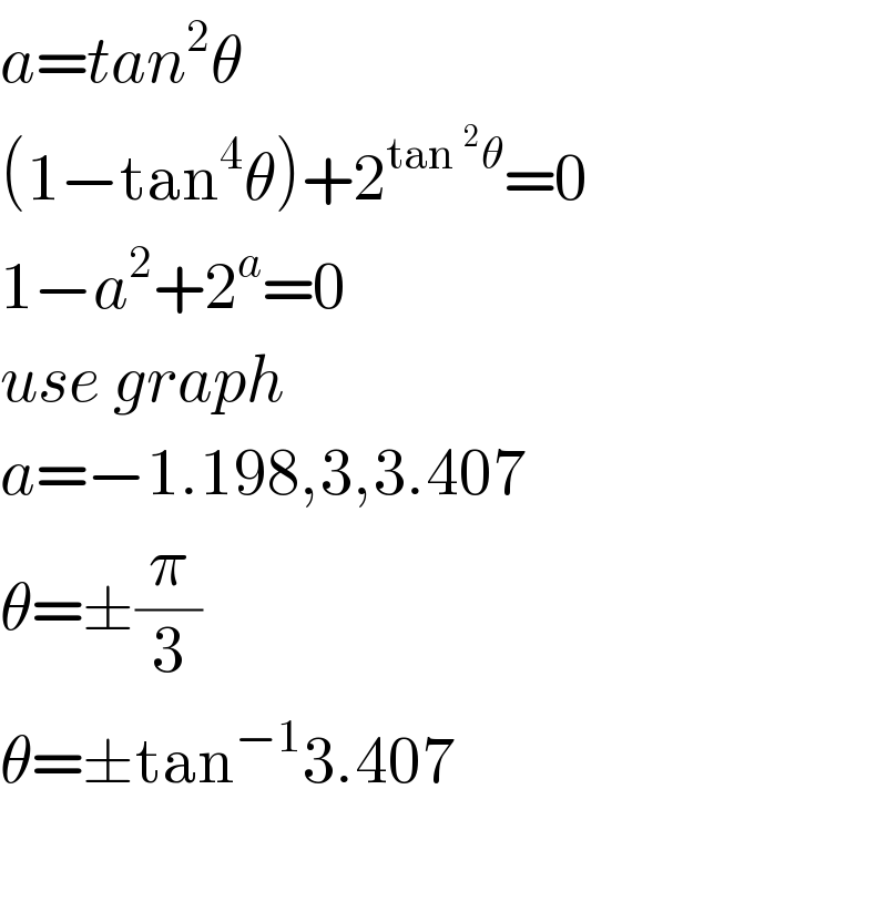 a=tan^2 θ  (1−tan^4 θ)+2^(tan^2 θ) =0  1−a^2 +2^a =0  use graph  a=−1.198,3,3.407  θ=±(π/3)      θ=±tan^(−1) 3.407    