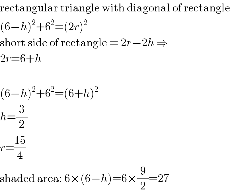 rectangular triangle with diagonal of rectangle  (6−h)^2 +6^2 =(2r)^2   short side of rectangle = 2r−2h ⇒  2r=6+h    (6−h)^2 +6^2 =(6+h)^2   h=(3/2)  r=((15)/4)  shaded area: 6×(6−h)=6×(9/2)=27  