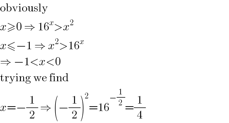 obviously  x≥0 ⇒ 16^x >x^2   x≤−1 ⇒ x^2 >16^x   ⇒ −1<x<0  trying we find  x=−(1/2) ⇒ (−(1/2))^2 =16^(−(1/2)) =(1/4)  