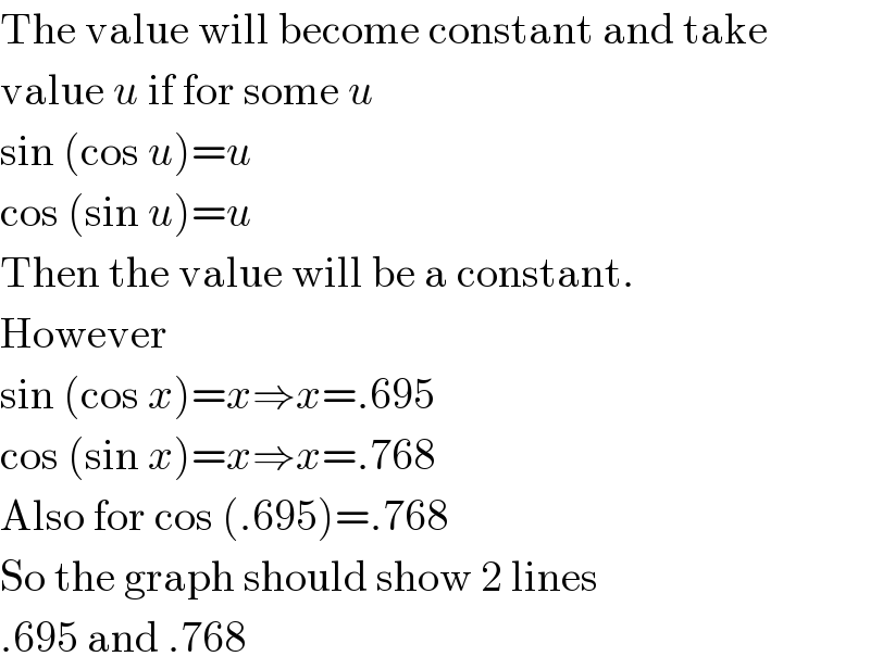 The value will become constant and take  value u if for some u  sin (cos u)=u  cos (sin u)=u  Then the value will be a constant.  However  sin (cos x)=x⇒x=.695  cos (sin x)=x⇒x=.768  Also for cos (.695)=.768  So the graph should show 2 lines  .695 and .768  