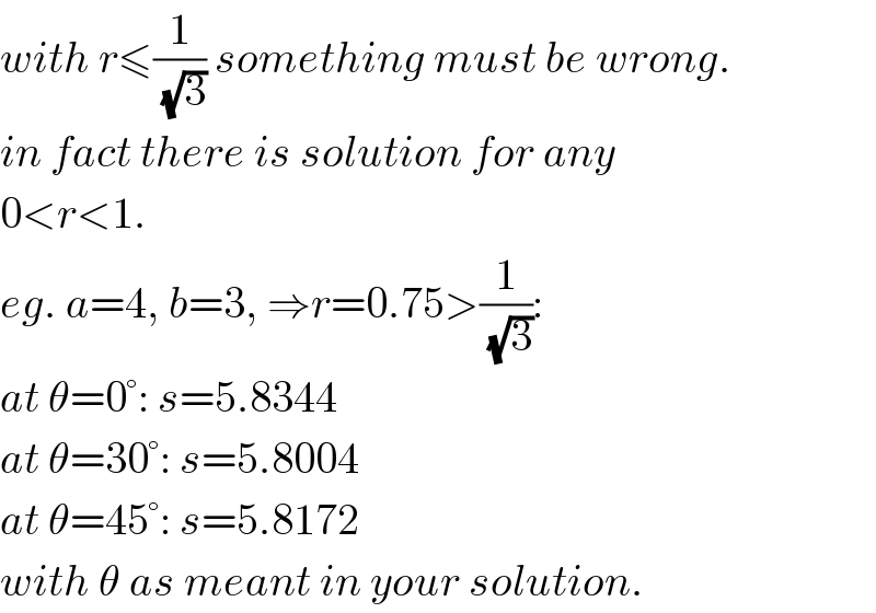 with r≤(1/(√3)) something must be wrong.  in fact there is solution for any  0<r<1.  eg. a=4, b=3, ⇒r=0.75>(1/(√3)):  at θ=0°: s=5.8344  at θ=30°: s=5.8004  at θ=45°: s=5.8172  with θ as meant in your solution.  