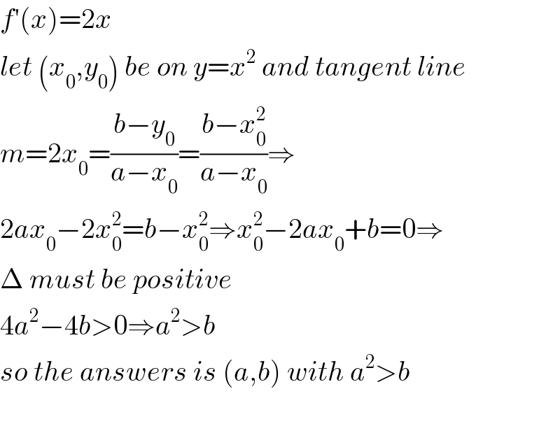 f′(x)=2x  let (x_0 ,y_0 ) be on y=x^2  and tangent line  m=2x_0 =((b−y_0 )/(a−x_0 ))=((b−x_0 ^2 )/(a−x_0 ))⇒  2ax_0 −2x_0 ^2 =b−x_0 ^2 ⇒x_0 ^2 −2ax_0 +b=0⇒  Δ must be positive  4a^2 −4b>0⇒a^2 >b  so the answers is (a,b) with a^2 >b    