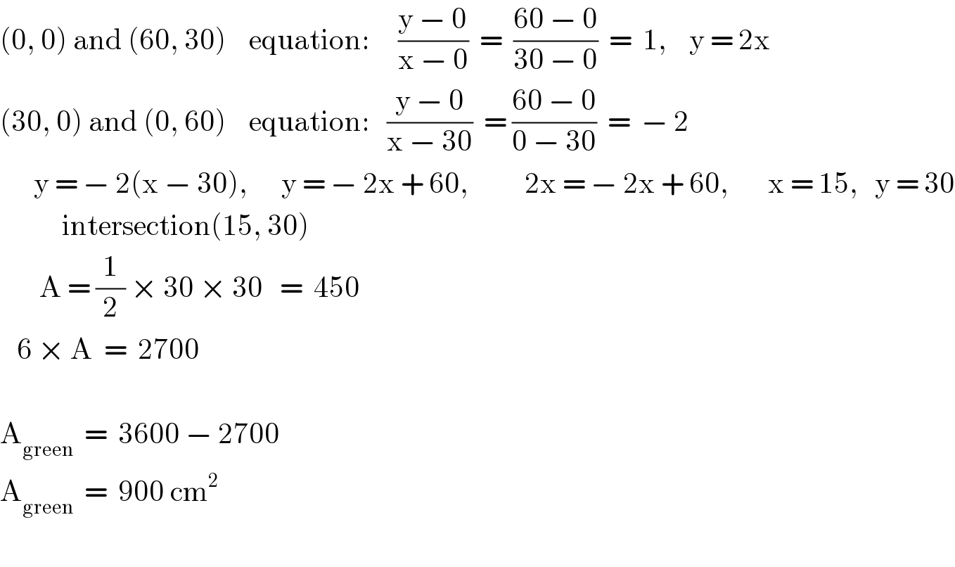 (0, 0) and (60, 30)    equation:     ((y − 0)/(x − 0))  =  ((60 − 0)/(30 − 0))  =  1,    y = 2x  (30, 0) and (0, 60)    equation:   ((y − 0)/(x − 30))  = ((60 − 0)/(0 − 30))  =  − 2        y = − 2(x − 30),      y = − 2x + 60,          2x = − 2x + 60,       x = 15,   y = 30             intersection(15, 30)         A = (1/2) × 30 × 30   =  450     6 × A  =  2700    A_(green)   =  3600 − 2700  A_(green)   =  900 cm^2     