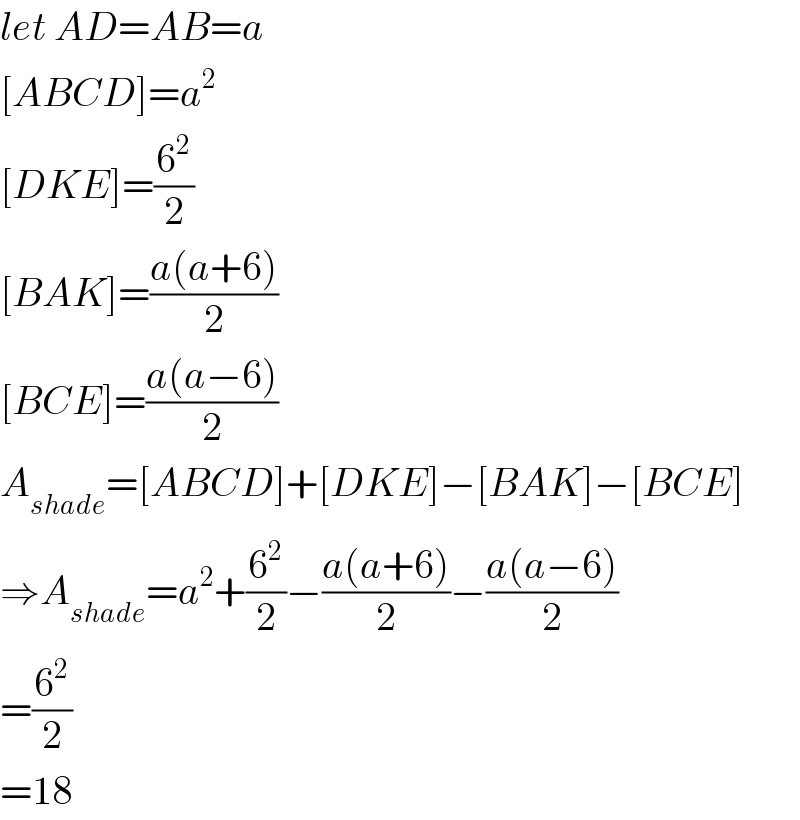 let AD=AB=a  [ABCD]=a^2   [DKE]=(6^2 /2)  [BAK]=((a(a+6))/2)  [BCE]=((a(a−6))/2)  A_(shade) =[ABCD]+[DKE]−[BAK]−[BCE]  ⇒A_(shade) =a^2 +(6^2 /2)−((a(a+6))/2)−((a(a−6))/2)  =(6^2 /2)  =18  