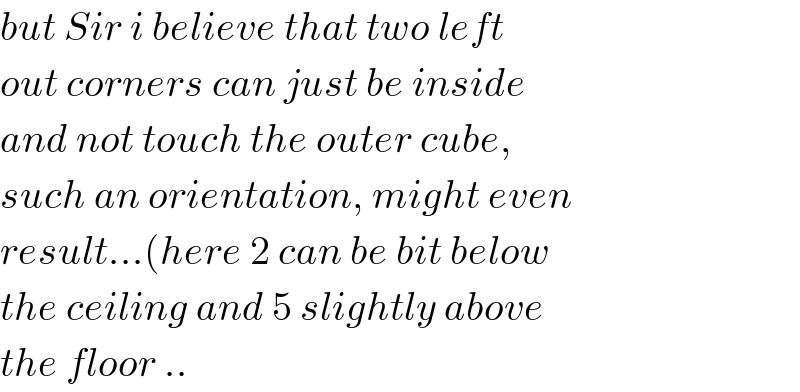 but Sir i believe that two left  out corners can just be inside  and not touch the outer cube,  such an orientation, might even  result...(here 2 can be bit below  the ceiling and 5 slightly above  the floor ..  