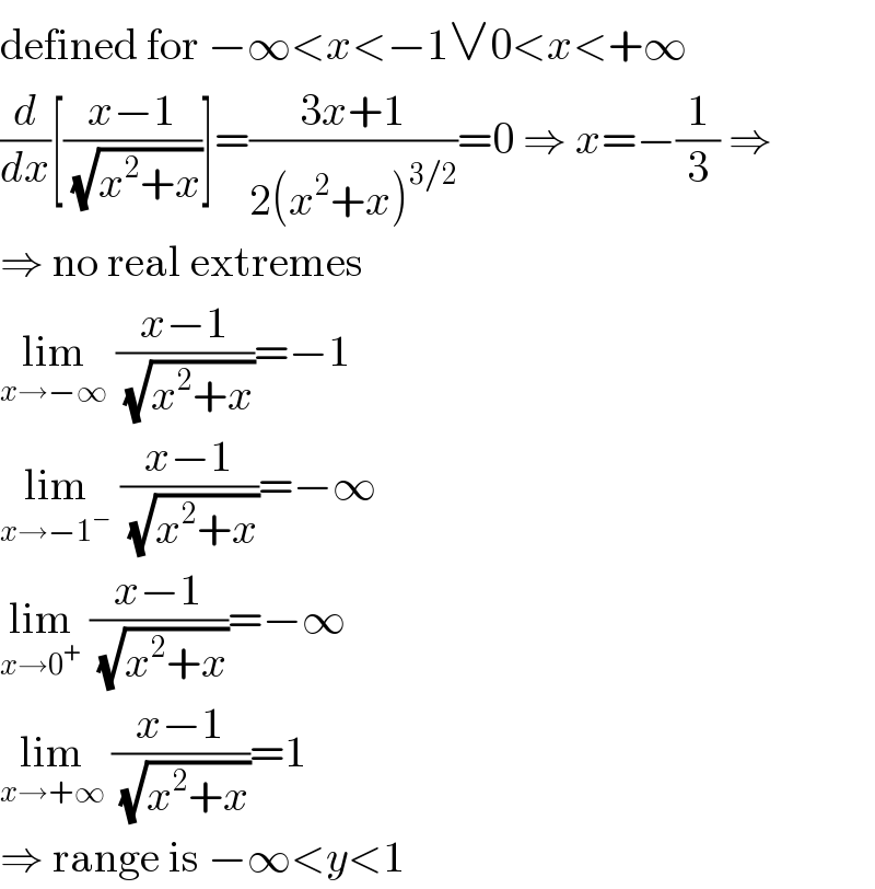 defined for −∞<x<−1∨0<x<+∞  (d/dx)[((x−1)/( (√(x^2 +x))))]=((3x+1)/(2(x^2 +x)^(3/2) ))=0 ⇒ x=−(1/3) ⇒  ⇒ no real extremes  lim_(x→−∞)  ((x−1)/( (√(x^2 +x))))=−1  lim_(x→−1^− )  ((x−1)/( (√(x^2 +x))))=−∞  lim_(x→0^+ )  ((x−1)/( (√(x^2 +x))))=−∞  lim_(x→+∞)  ((x−1)/( (√(x^2 +x))))=1  ⇒ range is −∞<y<1  