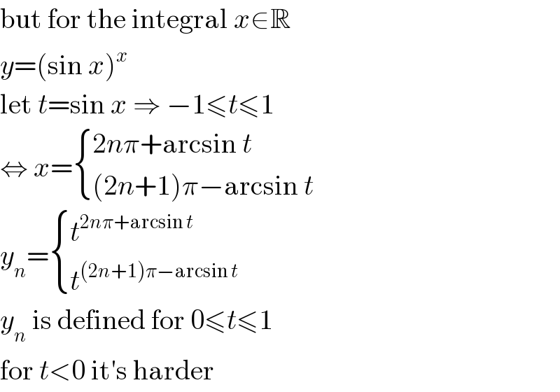 but for the integral x∈R  y=(sin x)^x   let t=sin x ⇒ −1≤t≤1  ⇔ x= { ((2nπ+arcsin t)),(((2n+1)π−arcsin t)) :}  y_n = { (t^(2nπ+arcsin t) ),(t^((2n+1)π−arcsin t) ) :}  y_n  is defined for 0≤t≤1  for t<0 it′s harder  