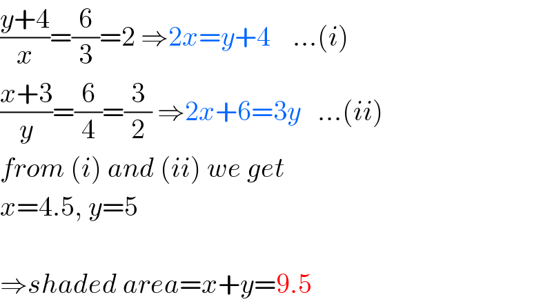 ((y+4)/x)=(6/3)=2 ⇒2x=y+4    ...(i)  ((x+3)/y)=(6/4)=(3/2) ⇒2x+6=3y   ...(ii)  from (i) and (ii) we get  x=4.5, y=5    ⇒shaded area=x+y=9.5  