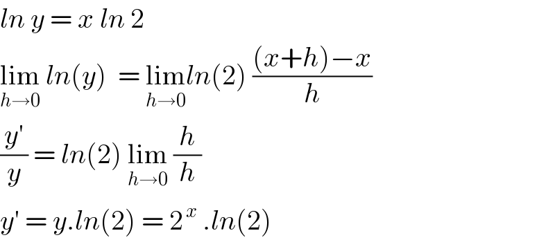 ln y = x ln 2  lim_(h→0)  ln(y)  = lim_(h→0) ln(2) (((x+h)−x)/h)  ((y′)/y) = ln(2) lim_(h→0)  (h/h)  y′ = y.ln(2) = 2^( x)  .ln(2)  