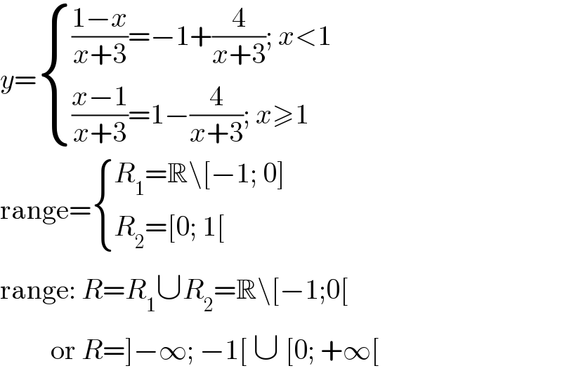y= { ((((1−x)/(x+3))=−1+(4/(x+3)); x<1)),((((x−1)/(x+3))=1−(4/(x+3)); x≥1)) :}  range= { ((R_1 =R\[−1; 0])),((R_2 =[0; 1[)) :}  range: R=R_1 ∪R_2 =R\[−1;0[           or R=]−∞; −1[ ∪ [0; +∞[  