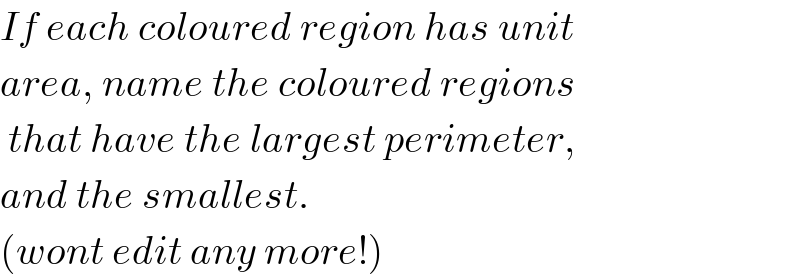 If each coloured region has unit  area, name the coloured regions   that have the largest perimeter,   and the smallest.  (wont edit any more!)  