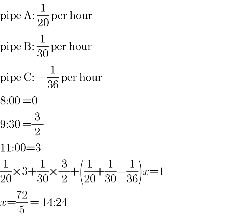 pipe A: (1/(20)) per hour  pipe B: (1/(30)) per hour  pipe C: −(1/(36)) per hour  8:00 =0  9:30 =(3/2)  11:00=3  (1/(20))×3+(1/(30))×(3/2)+((1/(20))+(1/(30))−(1/(36)))x=1  x=((72)/5) = 14:24  