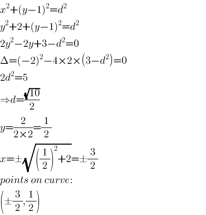 x^2 +(y−1)^2 =d^2   y^2 +2+(y−1)^2 =d^2   2y^2 −2y+3−d^2 =0  Δ=(−2)^2 −4×2×(3−d^2 )=0  2d^2 =5  ⇒d=((√(10))/2)  y=(2/(2×2))=(1/2)  x=±(√(((1/2))^2 +2))=±(3/2)  points on curve:  (±(3/2),(1/2))  