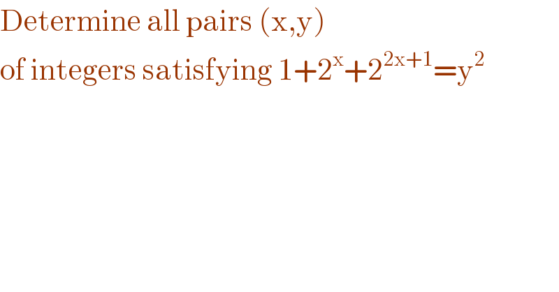 Determine all pairs (x,y)  of integers satisfying 1+2^x +2^(2x+1) =y^2    