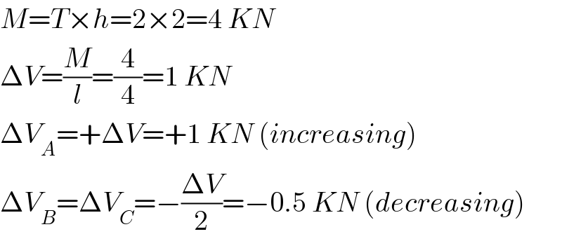 M=T×h=2×2=4 KN  ΔV=(M/l)=(4/4)=1 KN  ΔV_A =+ΔV=+1 KN (increasing)  ΔV_B =ΔV_C =−((ΔV)/2)=−0.5 KN (decreasing)  